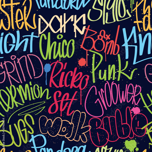 Street art. Graffiti pattern. Drip style background. Urban text wall. Fashion outline paint brush. Abstract ink print. Underground culture. Grunge font letterings. Vector seamless texture