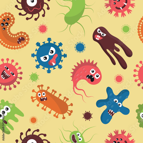 Virus germ. Funny bacteria pattern. Comic Covid influenza characters. Microbe faces. Happy pathogen cells. Angry coronavirus monsters. Vector seamless current microbiology background