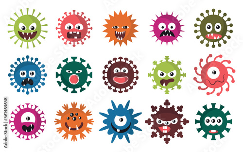 Coronavirus characters. Evil virus germ with face. Hand drawing doodle bacteria. Covid-19 animal. Circle microbe cell. Ill pathogen. Flu monsters set. Vector cartoon current illustration