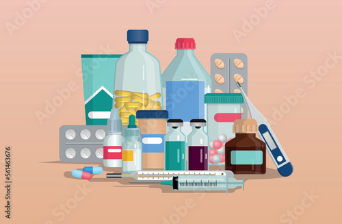Medical drug. Pharmacy bottles. Pills blisters. Prescription pharmaceutical antibiotics. Aspirin or vitamins. Healthcare and medicine. Remedy ampoule. Vector illustration current concept