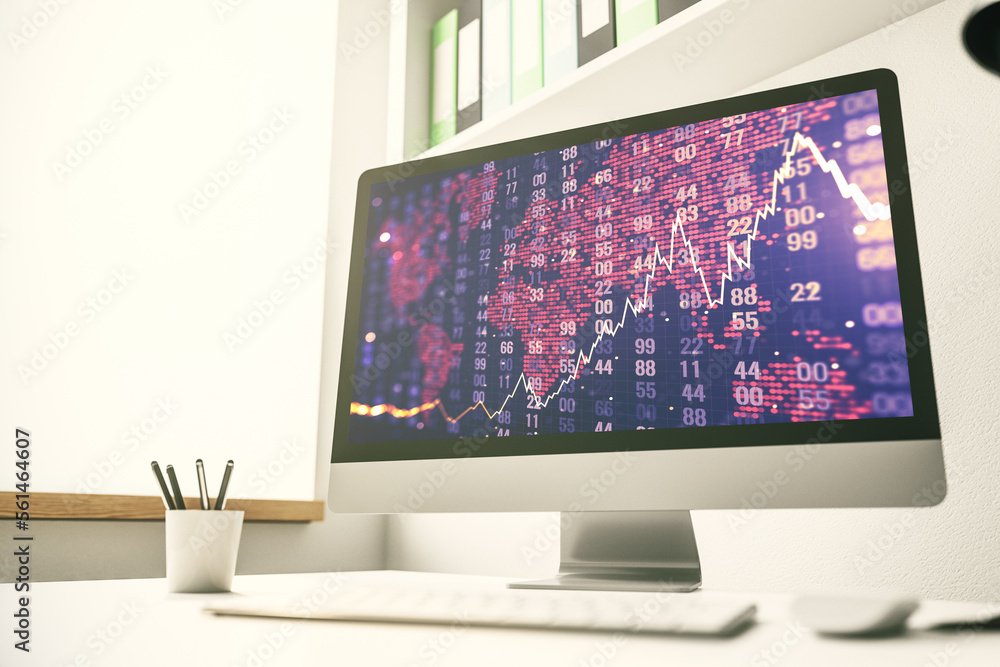 Abstract financial diagram with world map on modern laptop screen, banking and accounting concept. 3D Rendering Abstract financial diagram with world map on modern laptop screen, banking and accounting concept. 3D Rendering
