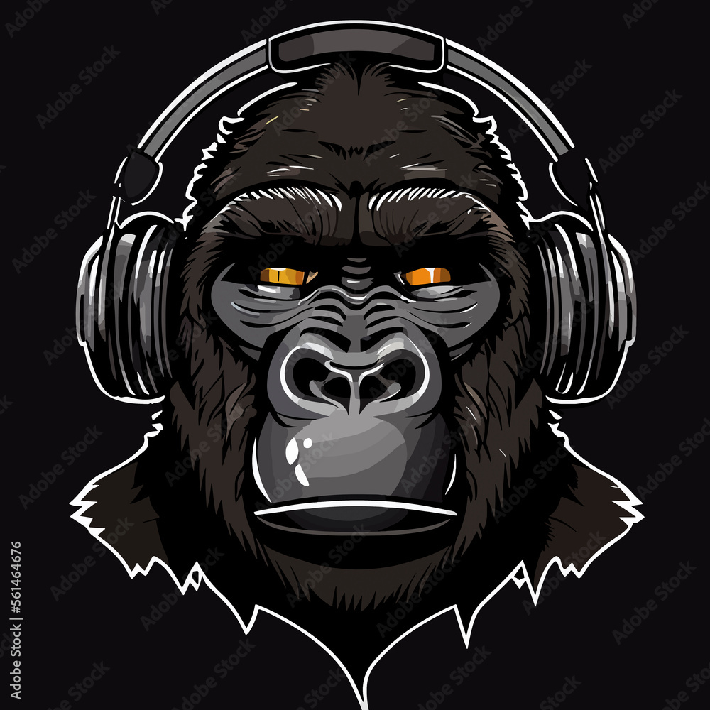 gorilla with earphones flat design, vector art, gorilla icon
