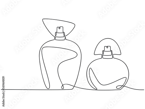 Two perfume bottles set vector one line continuous drawing illustration. Hand drawn linear silhouette icon. Minimal design element for print, banner, card, wall art poster, brochure.