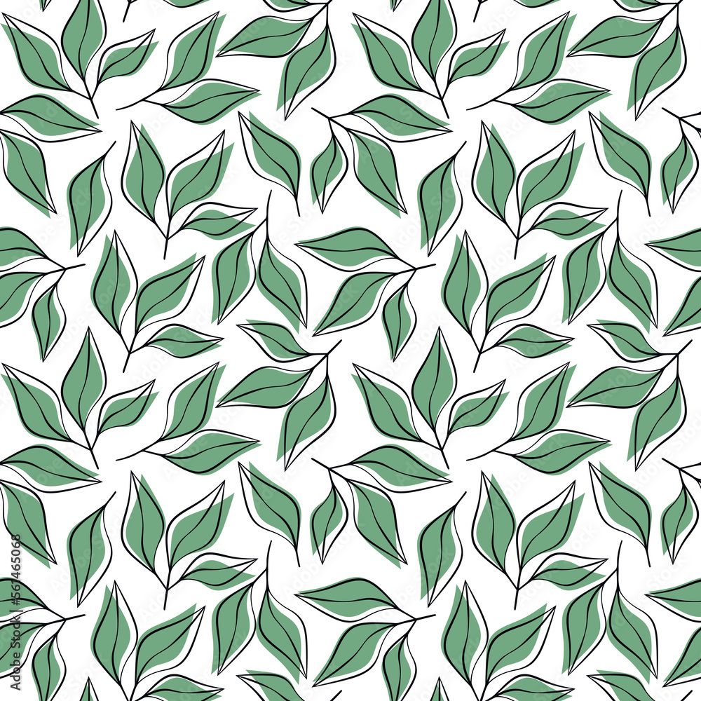 Green leaf seamless pattern vector. Abstract linear branches leaves floral backdrop illustration. Wallpaper, background, fabric, textile, print, wrapping paper or package design. Green leaf seamless pattern vector. Abstract linear branches leaves floral backdrop illustration. Wallpaper, background, fabric, textile, print, wrapping paper or package design.