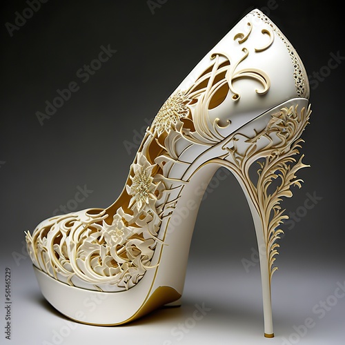 Golden and white high heals shoe. Ornamental stiletto. Luxury shoes. Generative ai. 