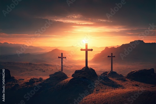 Three crosses, made of rough-hewn wood in silhouetted against a darkening sky, as the sun sets behind them.