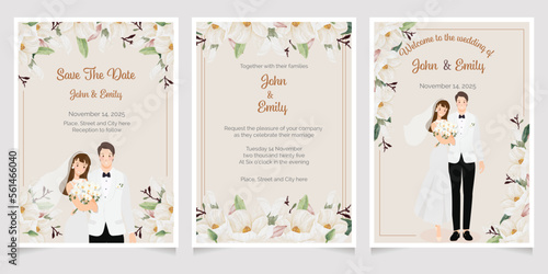 cute young wedding couple on watercolor white magnolia flower bouquet wedding invitation card template collection