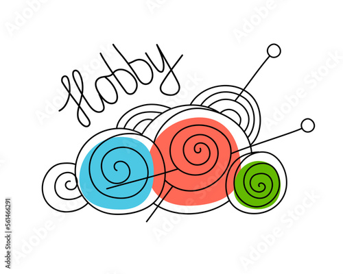 Skeins of yarn for knitting and lettering.  Line art. logo, badge. Drawing, Handmade, hobby, needlework. Abstract ball of thread and knitting needles.  Vector illustration. Background isolated.