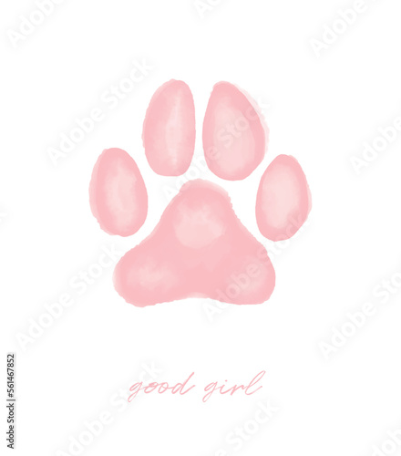 Good Girl. Watercolor Painting Style Dog's Paw Print. Pastel Pink Paw on a White Background. Cute Vector Illustration for Dog Lovers. Paw Print ideal for Wall Art, Poster, Card. Puppy Love.