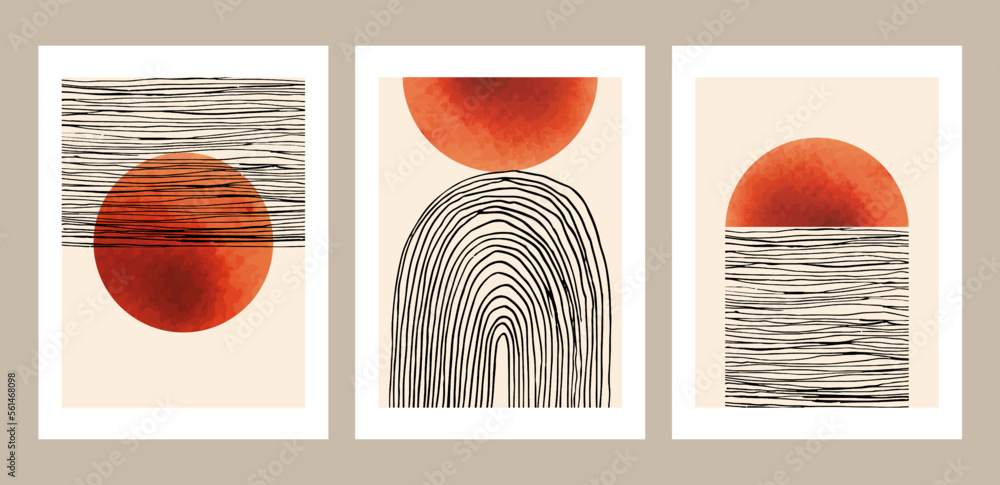 Trendy set of abstract watercolor and outline creative geometric minimalist artistic hand painted composition ideal for wall decoration, as postcard or brochure design, vector posters in vintage style