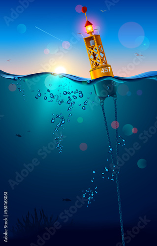 Sea buoy on water surface. Buoy is chained to the seabed. Marine landscape underwater. Deep blue ocean with clear cloudless sky, sun rays and horizon line. Nautical navigation floating baken. photo