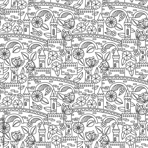Fototapeta Naklejka Na Ścianę i Meble -  Doodle cartoon magic kingdom. Coloring pages for adult. Flower Castles, medieval fortresses. Seamless background. Hand-drawn vector illustration