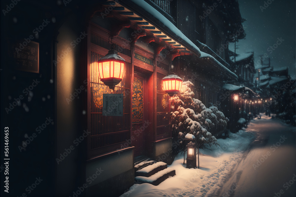 Chinese street with old houses, lanterns and snow