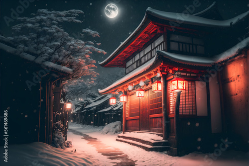 Chinese street with old houses, lanterns and snow
