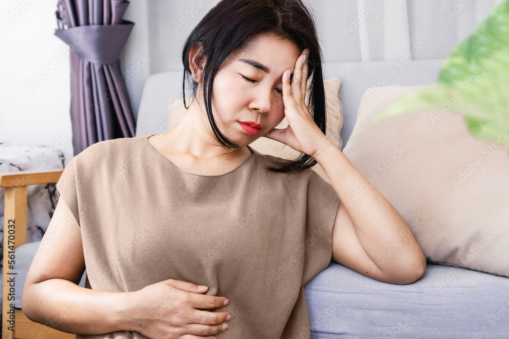 GutBrain Axis and anxiety concept with stress Asian woman have