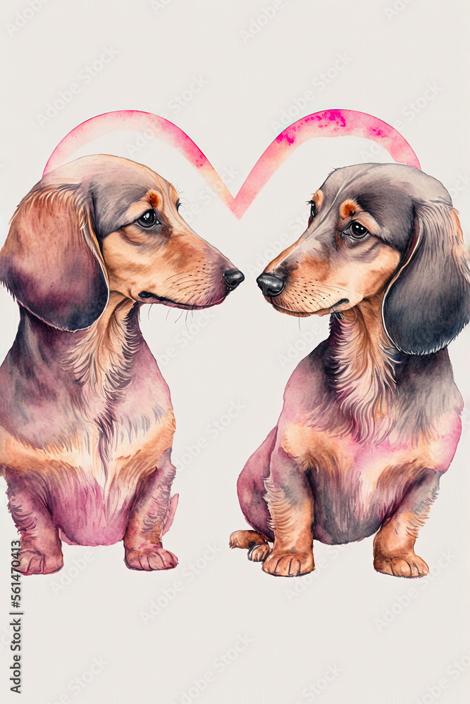 two dachshunds with a heart in watercolor, Valentines day - generative ai