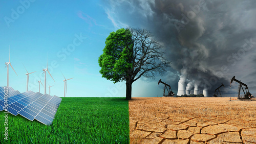 Alternative energy, concept. Green field with solar panel, windmills, grass and tree on a sunny day. Desert dead field with oil rig, pipes and factory with smoke. Global warming and climate change