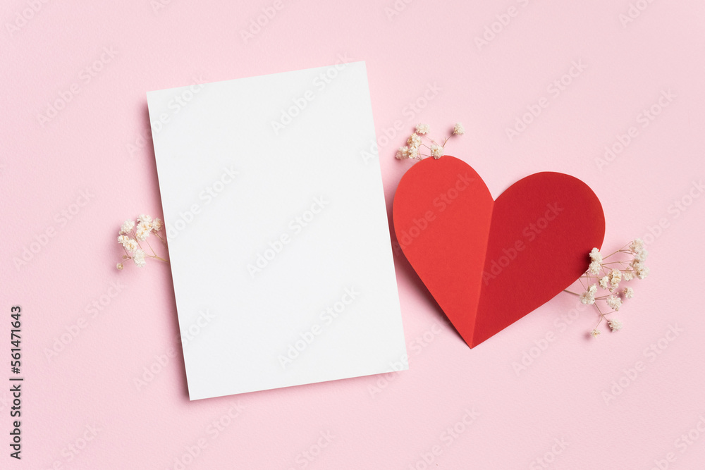 Blank Valentines Day greeting card mockup with red heart