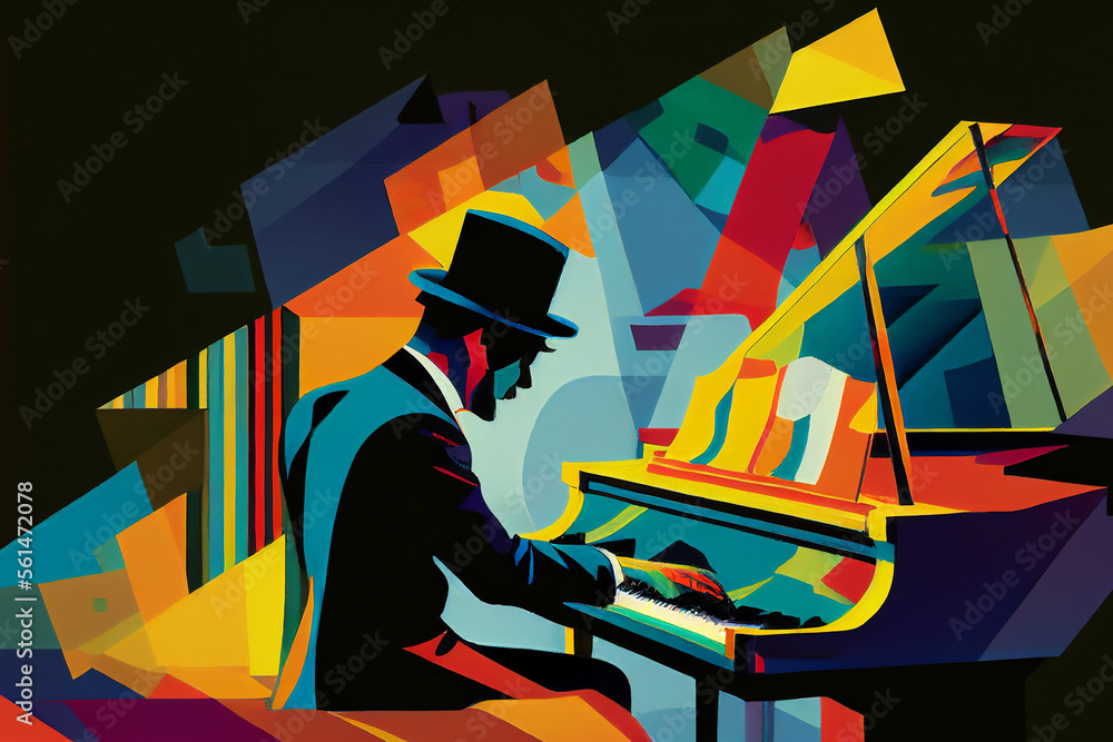 AfroAmerican male jazz musician pianist playing a piano in an abstract