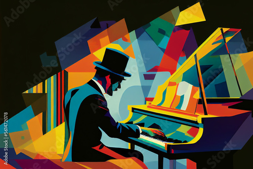 Afro-American male jazz musician pianist playing a piano in an abstract cubist s Fototapet