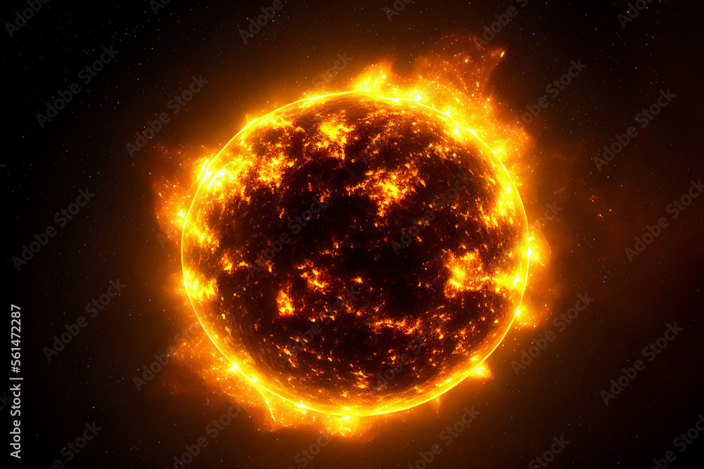 Molten surface of the sun with a solar flare from the star producing plasma and radiation activity into outa space causing ultraviolet rays, computer Generative AI stock illustration image Molten surface of the sun with a solar flare from the star producing plasma and radiation activity into outa space causing ultraviolet rays, computer Generative AI stock illustration image