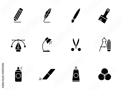 art tools glyph icons isolated on white background. art tools glyph icon set for web, mobile apps, ui design, print polygraphy and promo advertising business