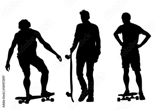 Silhouette of boy on roller skates on white background