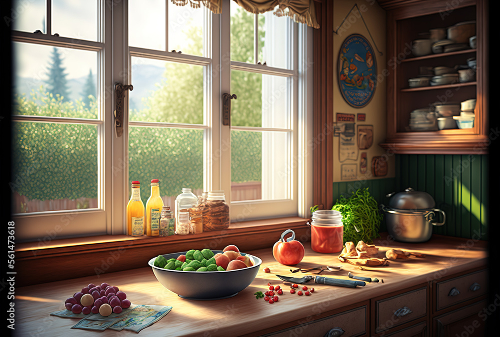 American country kitchen with countertop, meat, spices, oil, vegetables