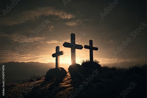 Three crosses stand on a barren, windswept terrain, silhouetted against a darkening sky, as the sun sets behind them.