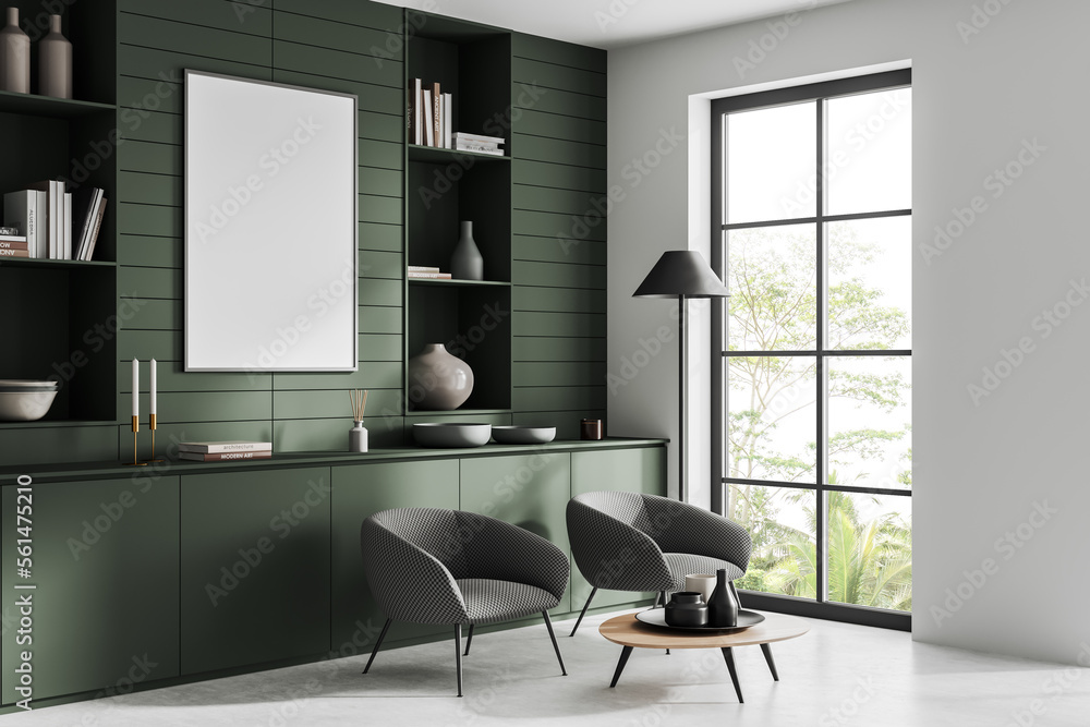 Fototapeta premium Light chill room interior with seats and decoration. Mockup frame