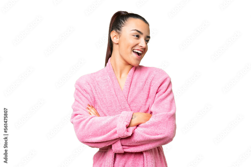 Young woman in a bathrobe over isolated chroma key background happy and smiling Young woman in a bathrobe over isolated chroma key background happy and smiling