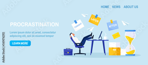 Procrastination or project deadline. Lazy businessman sitting with his legs on desk, dreaming and procrastinating instead of working. Productivity and efficiency in work. Resting office employee.