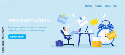Procrastination or project deadline. Lazy business woman sitting with his legs on desk, dreaming and procrastinating instead of working. Productivity and efficiency in work. Resting office employee.