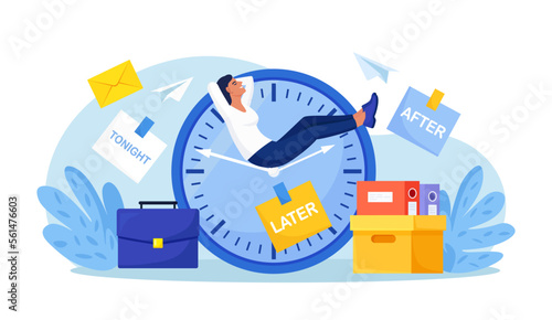 Procrastination or project deadline. Lazy business woman sitting on clock hands, dreaming and procrastinating instead of working. Productivity and efficiency in work. Postpone tasks to do later photo