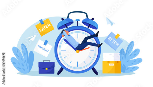 Procrastination or project deadline. Lazy businessman sitting on clock hands, dreaming and procrastinating instead of working. Productivity and efficiency in work. Postpone tasks to do later