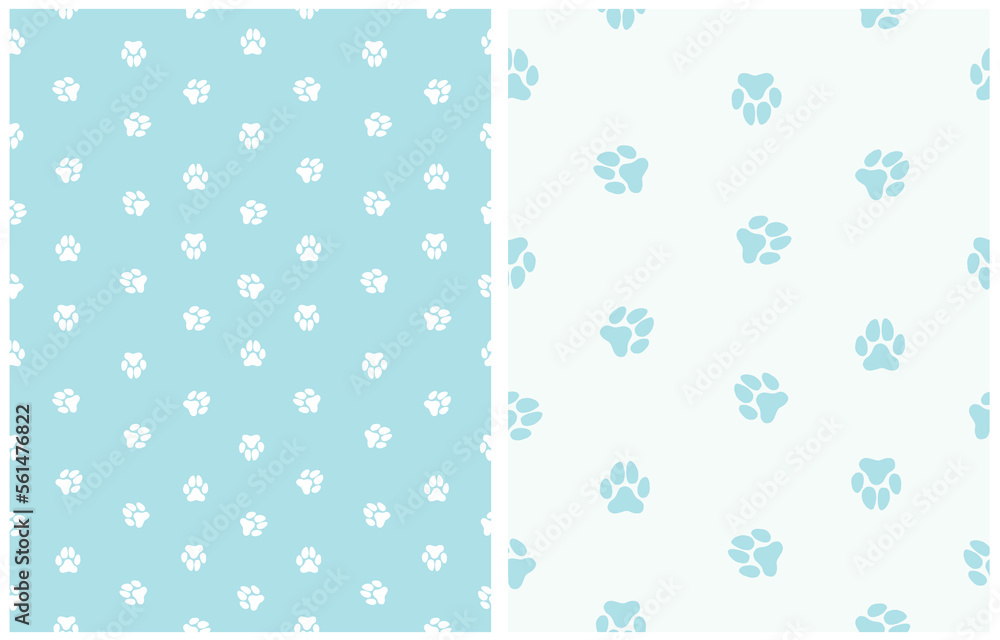 Simple Seamless Vector Patterns with Dog Paws Tracks on a Pastel Blue and Light Blue Background. Simple Little Puppy Paws Print ideal for Fabric, Textile, Wrapping Paper, Dog Lovers.