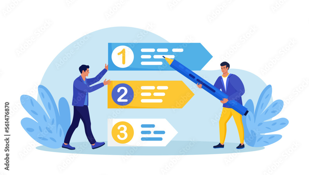 Prioritization. Businessmen set work priority, arrange to do list. Employees standing near important tasks list. Checklist with missions, urgency choice. Task planning, management to boost efficiency - obrazy, fototapety, plakaty 