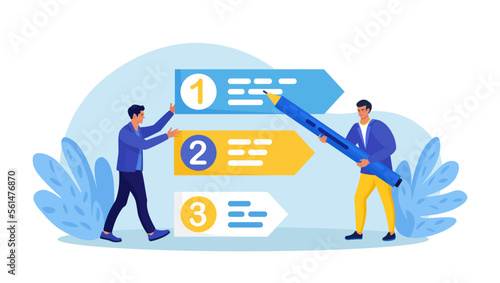 Prioritization. Businessmen set work priority, arrange to do list. Employees standing near important tasks list. Checklist with missions, urgency choice. Task planning, management to boost efficiency
