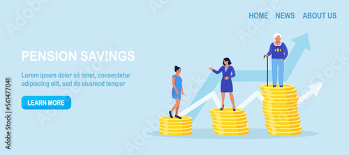 Retirement savings plan, financial investment growth. Pension management. Teenager, businesswoman, pensioner grandmother standing on stacks of gold coins money. People invest earning in pension fund