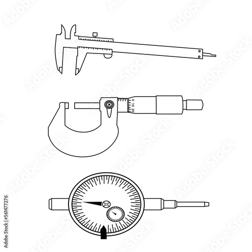 several vernier calipers, micrometers, and dial gauges