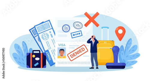 Open passport with stamp denied on travel visa, luggage, frustrated emigrant. Depressed man upset about refused entry. Travel abroad rejected. International vacation or emigration procedure