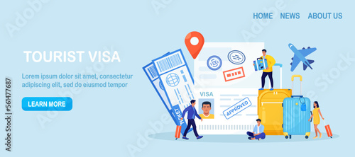 Travel abroad. International vacation or emigration procedure. Opened passport with valid visa stamps. People getting document for leaving country. Vacation trip offer. Journey and tourism concept.
