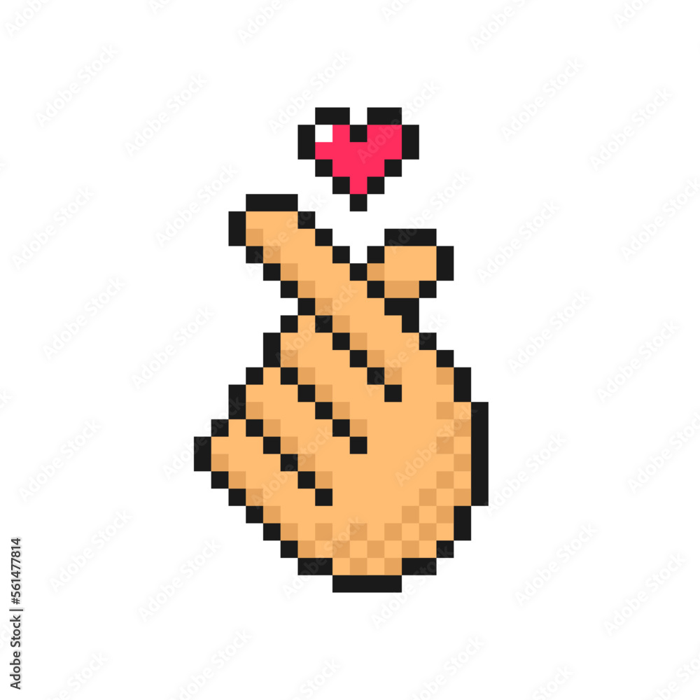 Fototapeta premium Finger heart gesture icon in pixel style. Love symbol, isolated on white background vector sign