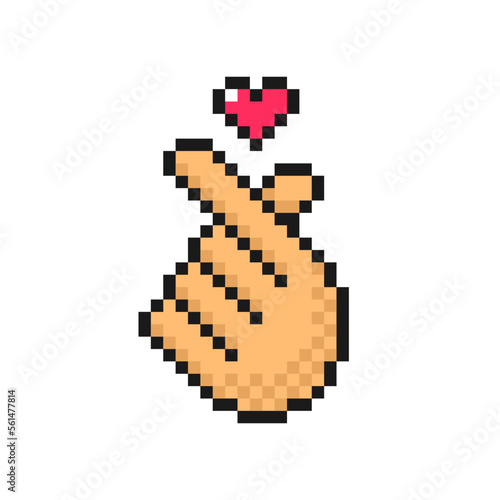 Finger heart gesture icon in pixel style. Love symbol, isolated on white background vector sign