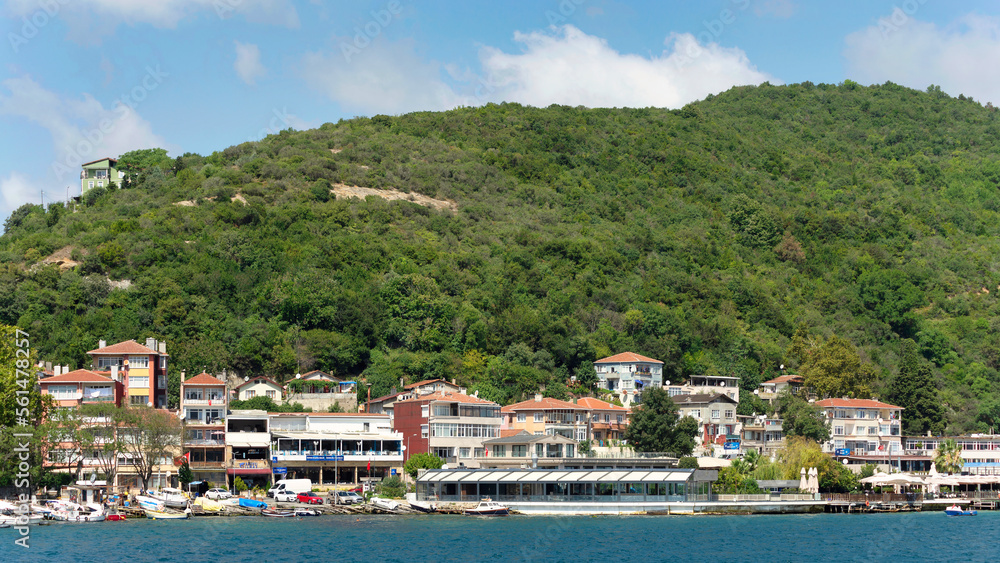View from the sea of the green mountains of the Europian side of Bosphorus strait, with docked boats, traditional houses and dense trees in a summer day, Istanbul, Turkey View from the sea of the green mountains of the Europian side of Bosphorus strait, with docked boats, traditional houses and dense trees in a summer day, Istanbul, Turkey