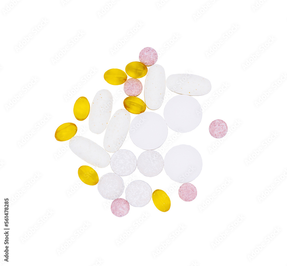 Drugs and vitamins in tablets and capsules on a transparent background.