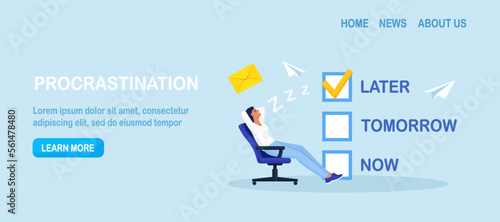 Procrastination or time management. Lazy employee sleeping postponing urgent tasks. Unproductive businessman dreaming and procrastinating instead of working. Do it later, postpone task to tomorrow