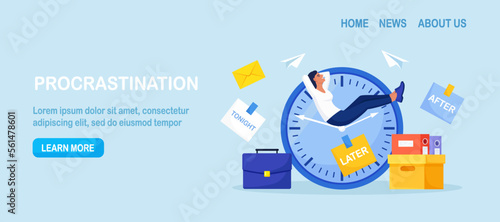 Procrastination or project deadline. Lazy business woman sitting on clock hands, dreaming and procrastinating instead of working. Productivity and efficiency in work. Postpone tasks to do later