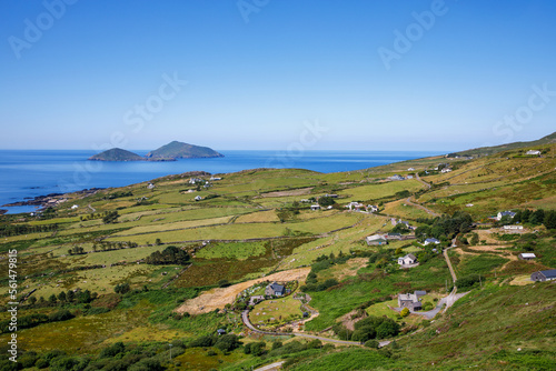 Landscape of beach, hills and atlantic ocean of beautiful Ring of Kerry, Ireland. Travel destination for many tourists