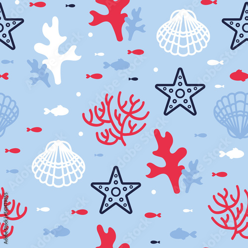 Summer marine seamless pattern with corals, starfish, algae, shells and fish. Red and blue colors. ocean dwellers. Flat style. For wallpaper, printing on fabric, wrapping